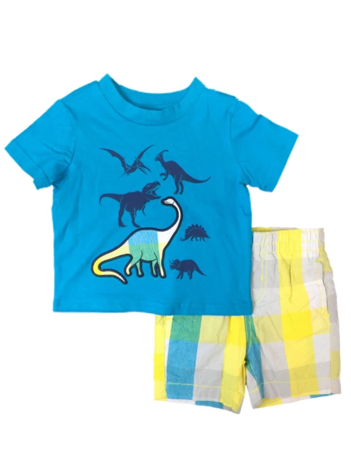 Conjunto de camisa de dinosaurio azul y pantalones cortos a cuadros para bebés y niños pequeños Foto 1 de 1