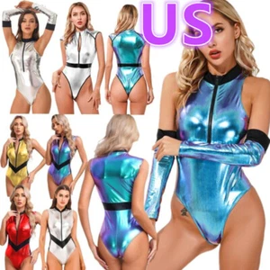 US Damen Astronaut Bodycon Metallic Catsuit Halloween Strampler Party - Bild 1 von 95