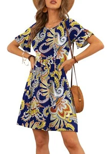 Women's Summer Dress Ruffle Sleeve Round Neck Mini Dress Floral Print Loose F... - Picture 1 of 6