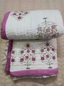 Manta Edredón Jaipuri Razai Reversible Kantha Estampado en Bloque a Mano Floral Talla Queen - Imagen 1 de 11