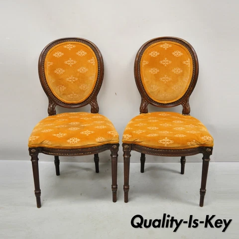 Vintage French Louis XVI Style Carved Wood Oval Back Dining Side Chairs - a Pair Cover