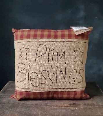 Throw Pillow 12 inch Primitive Blessings Embroidered Burgundy Tan Check Burlap - Image 1 of 3