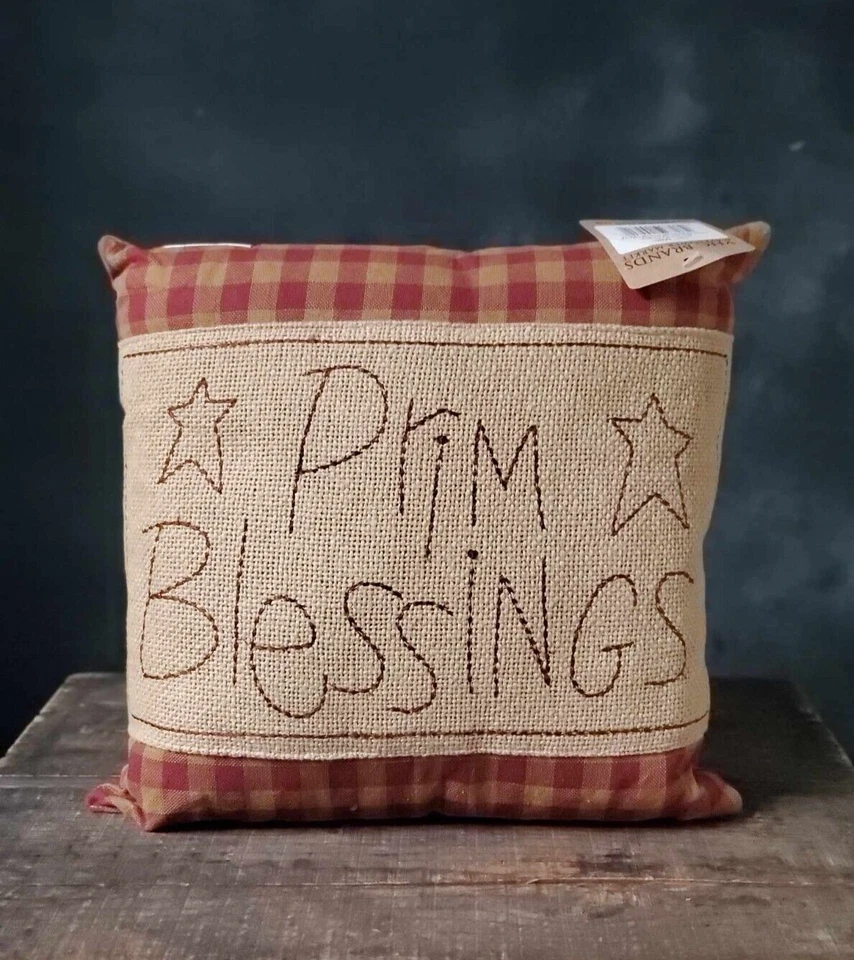 Throw Pillow 12 inch Primitive Blessings Embroidered Burgundy Tan Check Burlap - Image 1 of 3