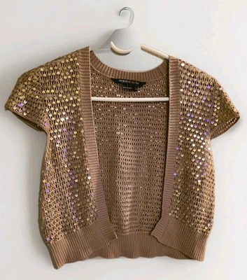 BCBGMAXAZRIA Mujer 100% Seda Dorado Tejido Encogerse de hombros con Lentejuelas Doradas Talla M Foto 1 de 4