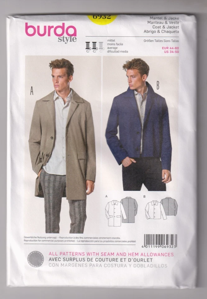 6932 BURDA Style - COAT & JACKET - MENS Sz 34 to 50" - Image 1 of 1