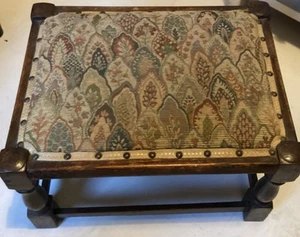 Antique Solid Wood Footstool- professionally reupholstered- neutral tones - Picture 1 of 6