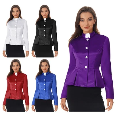Womens Halloween Church Clergy Front Button-down Priest Flared Long Sleeve Shirt - Image 1 of 4