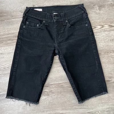 True Religion Ricky No Flap Denim Shorts Womens 27 Black 12 Inch Inseam Cut Off - Image 1 of 4