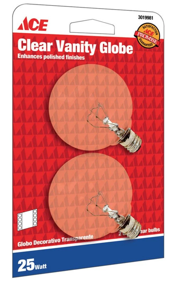 NOS! ACE (2) 2-PKS VANITY GLOBE 25W G16.5 LIGHT BULBS CLEAR CANDELABRA BASE  - Image 1 of 1