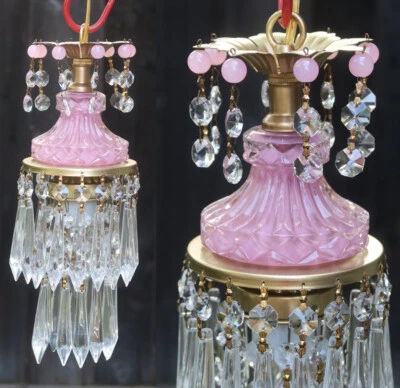 1 Vintage dusty rose pink lady cupcake glass crystal Brass SWAG lamp chandelier - Image 1 of 4