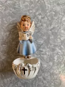 Vintage ARTE Angelo che tiene libro 'Dio benedica la nostra casa' figura acqua santa Giappone - Foto 1 di 4
