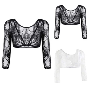 Women's V-Neck Lace Bolero Jacket Long Sleeve Belly Free Cardigan Tunic Top - Picture 1 of 9