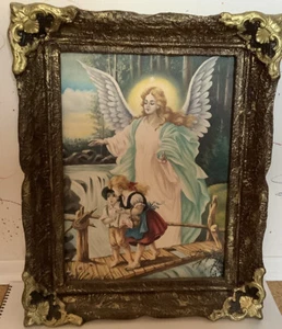 Schutzengelbild „Geschwister auf der Brücke“ , Öl-Wandbild in Barockrahmen - Bild 1 von 1