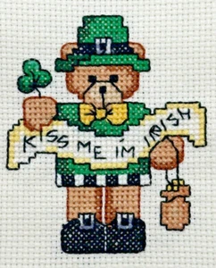 Cross Stitch Whimsical Kiss Me I'm Irish Teddy Bear Costume Finished Piece - Picture 1 of 12
