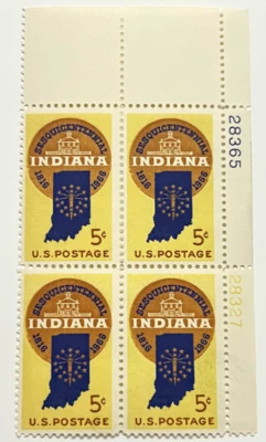 US Scott #1308 Plate Block #28327/28365 1966 Indiana 5c MNH Upper Right - Image 1 of 2