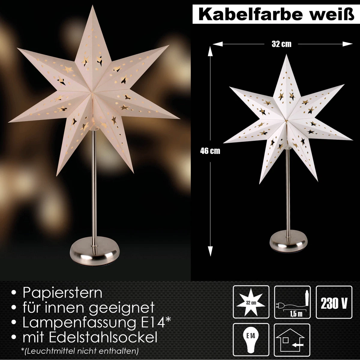 BRUBAKER Beleuchtung Für Weihnachtssterne, E27 Fassung Mit Kippschalter & 4m Kabel