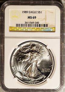 1989 $1 Silver American Eagle MS 69 NGC # 3611569-340 + Bonus