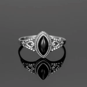 925 Sterling Silver Genuine Black Onyx Stone Handmade Marquise Shaped Ring - Picture 1 of 10