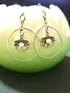  Silver Earrings Sea Shell and Faux Pearl/Jewelry Artisan Designed Fashion  - Picture 1 of 8