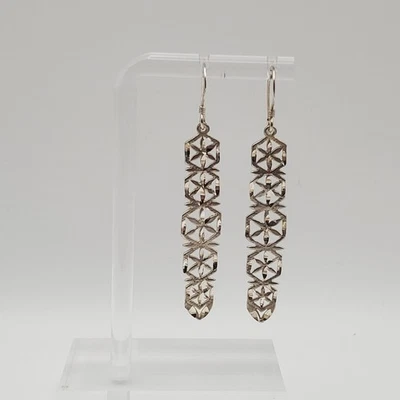 Sterling Silver Flower / Snowflake Diamond Cut Dangle Hook Earrings - Image 1 of 4