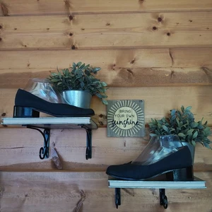 Van Eli Navy Tweed Black Leather Block Heel Pumps Square Toe Dress Shoes Sz 7 M - Picture 1 of 10