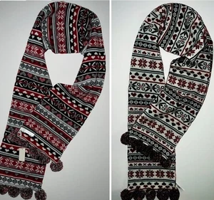 Talbots Schal Wende Bommeln Strick Winter FAIR ISLE Schnee Rot Schwarz Weiß Neu mit Etikett - Bild 1 von 10
