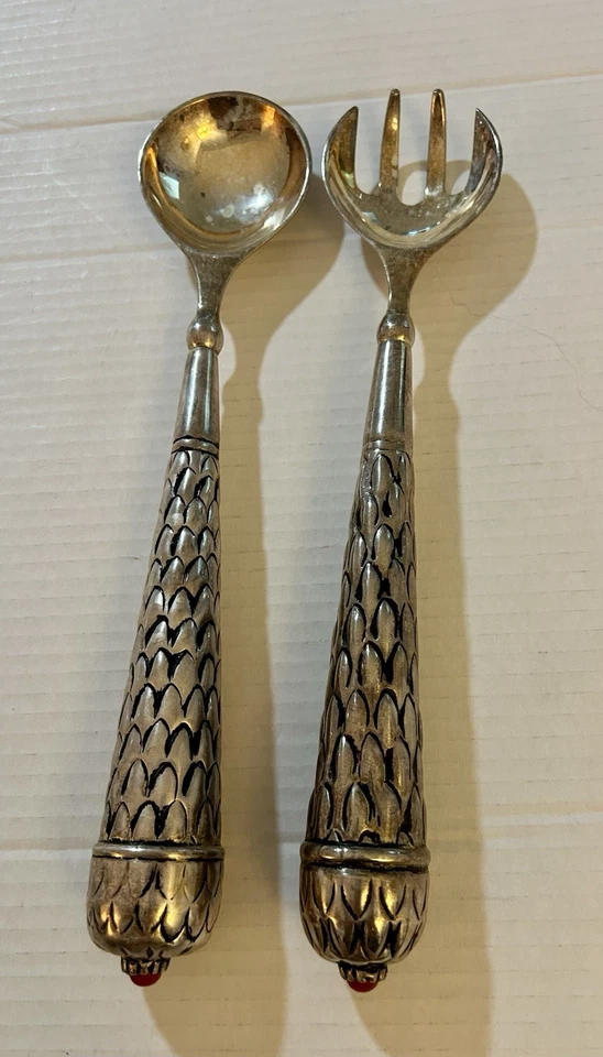Two's Company Dining Serving Spoon & Fork Vintage Red Tip Weighted 12” Servers - Image 1 of 4