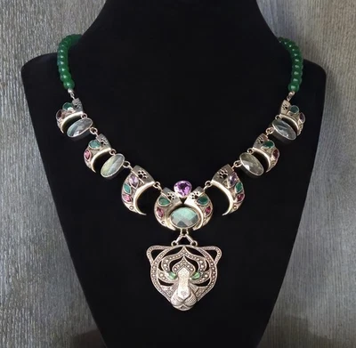 NICKY BUTLER Designer 925 Sterling Silver Tiger Claw Green Chalcedony Necklace - Image 1 of 4