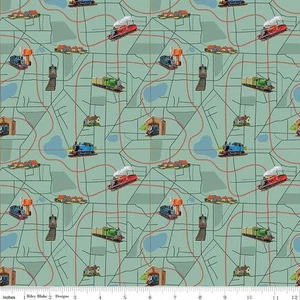 Thomas & Friends™ 80th Anniversary Map Green Cotton Fabric - Picture 1 of 2