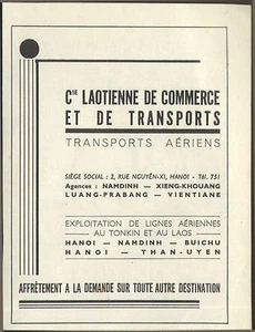 VIETNAM HANOI PUBLICITE CLCT CIE LAOTIENNE TRANSPORT AERIEN TONKIN LAOS 1953 - Picture 1 of 1