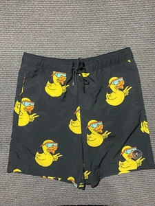Neff Board Shorts Mens L Yellow Ducky Duck Lightweight Stretch Black Beach Swim - Picture 1 of 8
