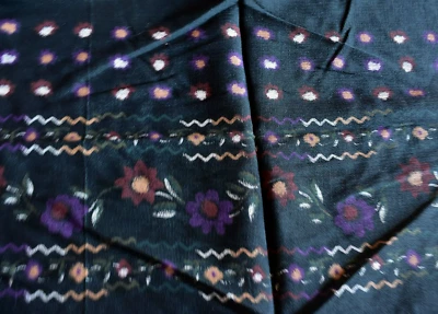 FLORAL BORDER PRINT ON BLACK  SEMI SHEER  RAYON  CHALLIS  FABRIC  22X52  INCHES - Image 1 of 2