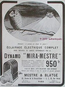 PUBLICITE MESTRE & BLATGE DYNAMO MIRA MESTRE ECLAIRAGE HIBOU DE 1913 FRENCH AD - Foto 1 di 1
