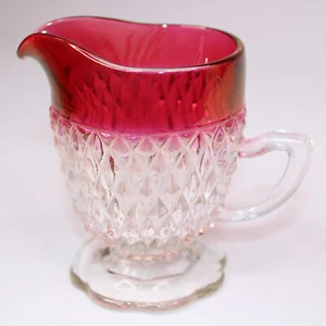 VINTAGE 1960s Indiana Glass Creamer Rich Ruby Red Rim Diamond Point Glass Rare - Picture 1 of 10