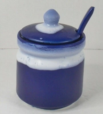 Приправа банка и ложка кобальт синий белый керамический джем желе мед  - Изображение 1 из 4
