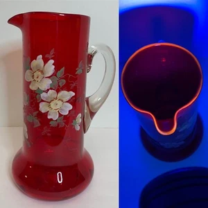 BEAUTIFUL ENAMELED TANKARD GLASS PITCHER 11.5” 19th century Applied Handle GLOWS - Picture 1 of 11