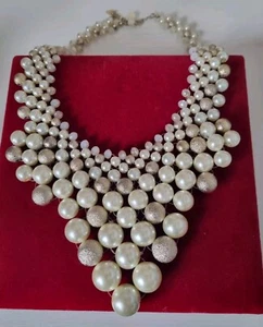 Oasis Glass Faux Pearl Gold And Crystal V Shaped Statement Collar Necklace - Picture 1 of 20