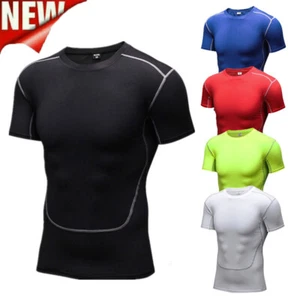 Mens Short Sleeve Compression Quick-Dry T-Shirt Gym Sports Fitness Slim Tee Top+ - Picture 1 of 18