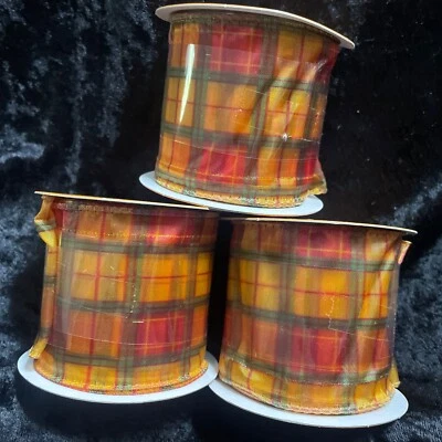 "Lote De Colección De 3 Cinta De Navidad A Cuadros Naranja Dorado Borde Cableado 2.5"" x 108"" 3 YDS Foto 1 de 4