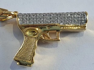 Iced Out Golden Revolver Pistole Anhänger Hip Hop Kette Bling Bling, Unisex, neu - Bild 1 von 9