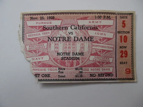 1939 USC Trojans vs. Notre Dame Fighting Irish Football Game Ticket Stub Vintage Cover