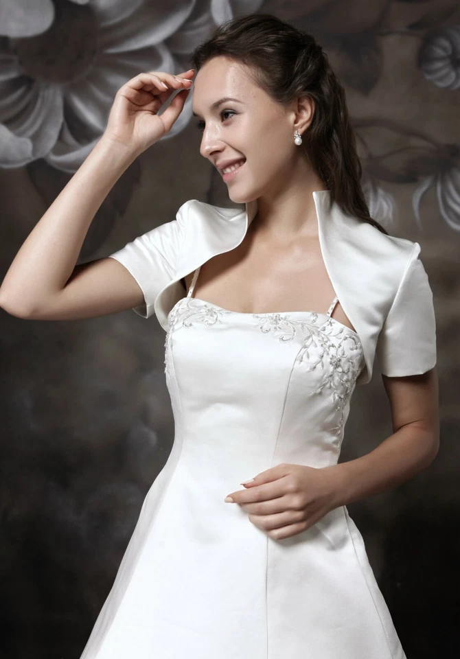 HBH Brautmoden Bolero Jacke aus Satin mit Kragen und kurzen Ärmeln weiß u. Ivory