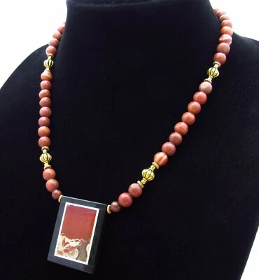 Nancy's Necklaces Red Jasper Intarsia & Bead Necklace Tibetan Gold Findings 19" - Image 1 of 4