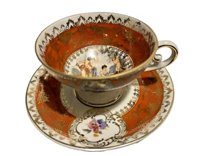 Oscar Schlegelmilch Alemania Naranja Oro Dorado Taza y Platillo Escena de Cortejo - Imagen 1 de 7