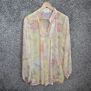Susan Graver Top Womens Medium Yellow Paisley Print Sheer Chiffon Blouse Ladies - Picture 1 of 7
