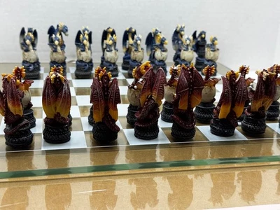 Colorful Dragon Legend Chess Set With Glass Board Blue vs Red Hatchling - Image 1 of 4