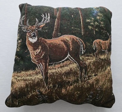 Deer Tapestry Throw Pillow Rustic Cabin Hunting Woodland Needlepoint 16 Inch - Image 1 of 4