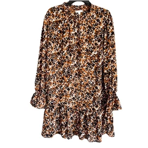 Ophelia Roe Sz XL Shift Dress Black/Brown Ruffled Hem Long Bell Sleeves - Picture 1 of 9