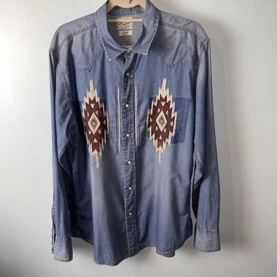 Camisa Lucky Brand Denim Perla Botón a Presión Para Hombre Bordada Azul Lavado Grande Foto 1 de 4