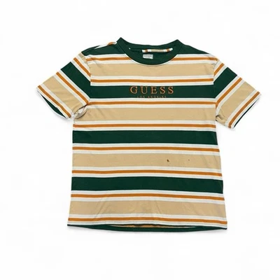 Guess Los Angeles Beige Orange Green Striped Embroidered Logo Crewneck T-Shirt M - Image 1 of 4